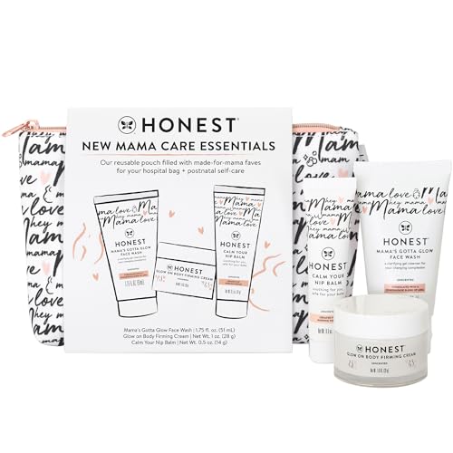 The Honest Company New Mama Care Essentials Gift Set, Hospital Bag Must Haves, Travel Size Nip Balm 0.5 oz Glow On Body Cream 1 Gotta Face Wash 1.75 fl with Reusable Pouch