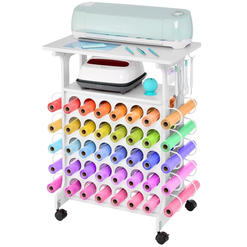 iVyne Vinyl Storage Cart 40 Vinyl Roll Holders for Cricut Organization and Storage Compatible with All Cricut Machines, Compact Craft Cart with Wheels & Tool Holders for Craft Rooms - White
