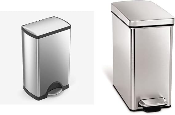simplehuman 38 Liter / 10 Gallon Rectangular Kitchen Step Trash Can, Brushed Stainless Steel & 10 Liter / 2.6 Gallon Bathroom Slim Profile Trash Can, Brushed Stainless Steel, 2.6 gallons, White