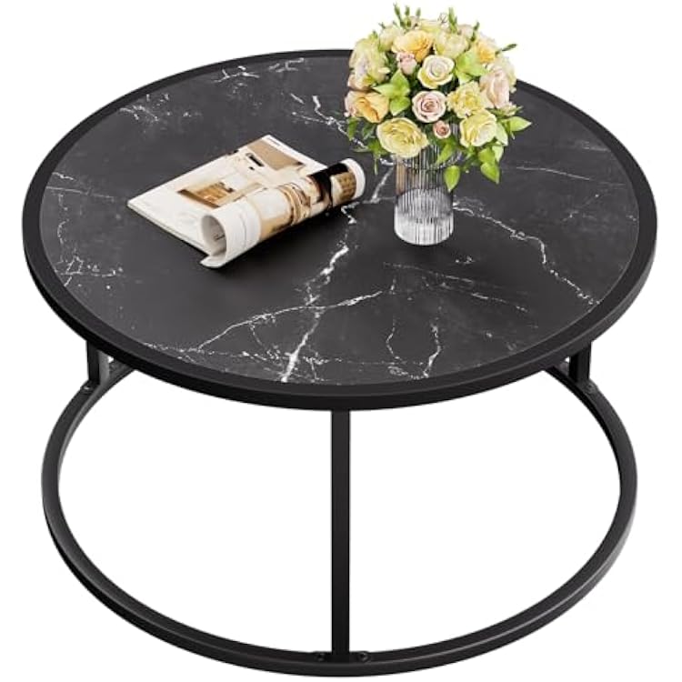 SAYGOER Black Coffee Table Round Marble CoffeeTables for Living Room Modern Small Center Table with Metal Frame, 27.6  27.6  17.7, Faux Marble