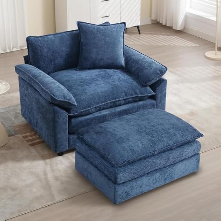 Chenilli Oversized Accent Chair with Ottoman, Single Sofa Chair with Large Seat and Extra Wide Armrests Comfy Armchair Reading Chairs for Bedroom Living Room, Blue