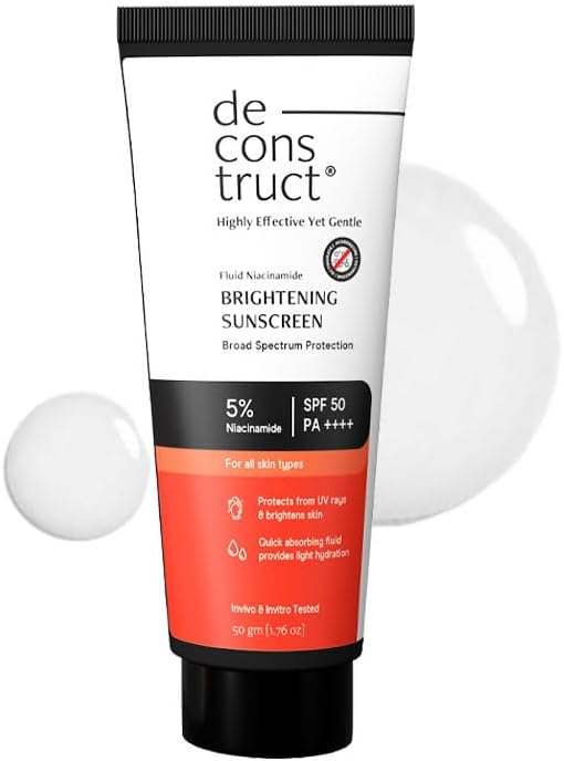 Deconstruct Brightening & Glow Sunscreen SPF 55+ And PA++++ | Dewy Sunscreen | For Dry Skin | Water Resistant, No White Cast, Quick Absorbing | For Women and Men | 50g