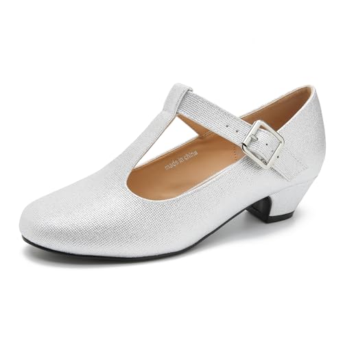 MAIERNISI JESSI Womens T-Strap Mary Jane Pumps, Low Block Heel, Buckle Closure