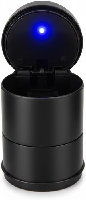 LED Işıklı Araç Küllüğü, Kapaklı Kokusuz Tasarım, Universal Bardaklık Uyumlu, Siyah, 7x9 cm