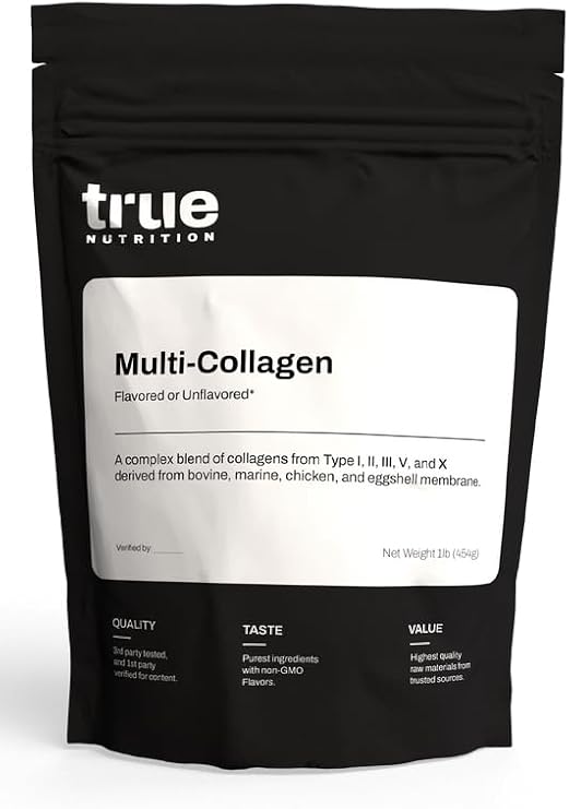 True Nutrition Multi-Collagen Powder, Unflavored, 1lb | Types I, II, III, V & X Collagen Peptides, Bovine, Marine, Chicken & Eggshell Sources, Paleo, Gluten Free