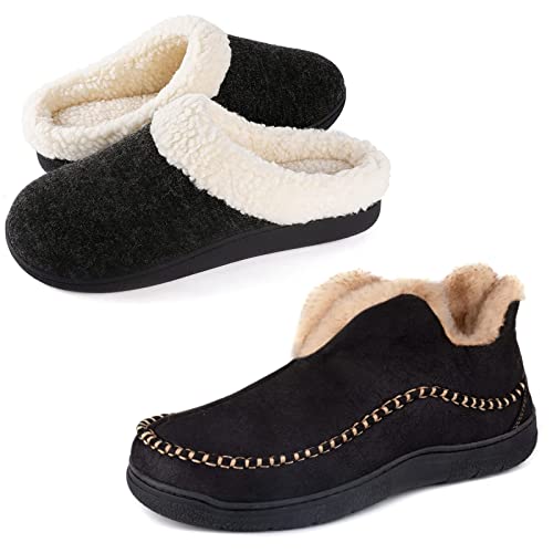 Wishcotton Set of 2 Pairs - Womens Sherpa Fleece House Slipper with Memory FoamBlack, US 8-9 and Mens Frontier Moccasin Slippers Black, US 11