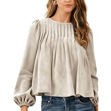Gozoloma Women's Faux Suede Babydoll Top Long Sleeve Pleated Peplum Blouse Crewneck Loose Fit Shirt Fall Casual Tops