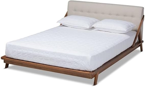 Allora Mid-Century Wood Queen Platform Bed, Light Beige Upholstered Headboard, Walnut Brown Finish, Solid Rubberwood Frame, Button Tufting, 65" W x 88.8" D x 33.7" H, Bedroom Furniture