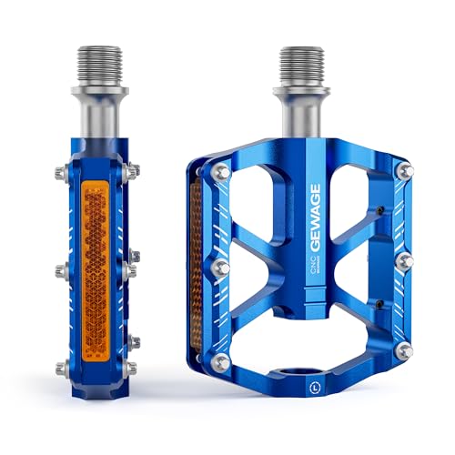 Mountain Bike Pedals - 3 Bearings Bicycle Pedals with Reflectors - 916 CNC Machined Flat Pedals with Removable Anti-Skid Nails for Road Mountain BMX MTB Bike