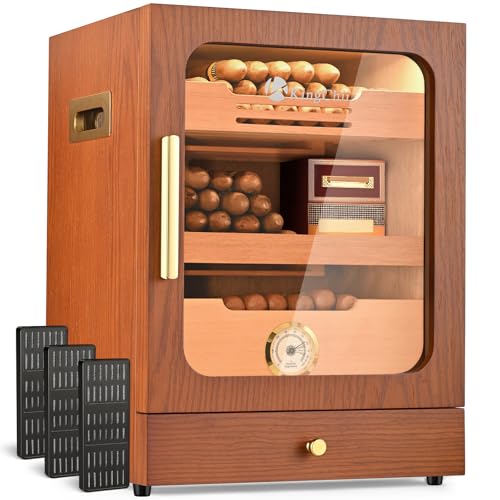 KingChii Cigar Humidor, Light Control System with Spanish Cedar Wood Drawer, Hygrometer, 3 Humidifiers and Cigar Accessories Drawer, Fathers Day Gift for Men, Holds 100 Cigars Brown