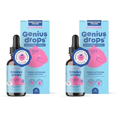 JoySpring Genius Drops Smartberry Vanilla | Herbal Focus Support for Kids with Ginkgo Biloba, Licorice Root, Gotu Kola Extract, Peppermint Leaf | Liquid Formula|1fl oz 30 Servings Pack of 2