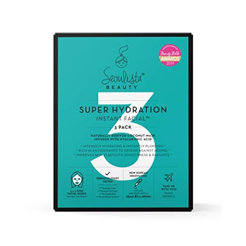 Seoulista Beauty Super Hydration Instant Facial - K-Beauty Hydrating Sheet Mask, Hyaluronic Acid & Aloe Vera for Dry Skin Intense Moisture, Natural, Dermatologist Tested, 3-Pack