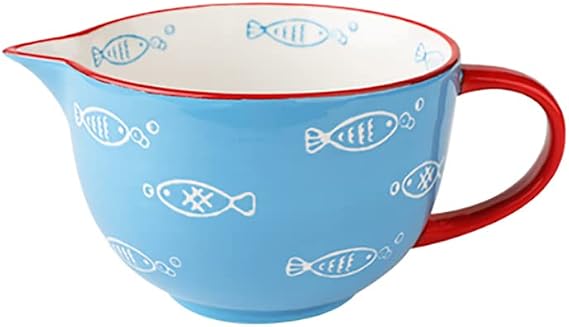 Gaolinci Blue Fish Pattern Kitchen Ceramic Mixing Bowl, 0.5 Quart Large Bowl, with Pouring Spout and Handle