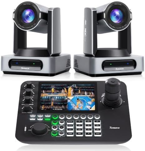 Tenveo 4K NDI PTZ Camera and Controller Bundle/Kits, 30X 4K 60FPS AI Auto Tracking NDI SDI/HDMI/USB3.0/LAN(PoE) PTZ Camera(*2) and 7'' Quad-Screen NDI PTZ Joystick Controller for Church Events Stream