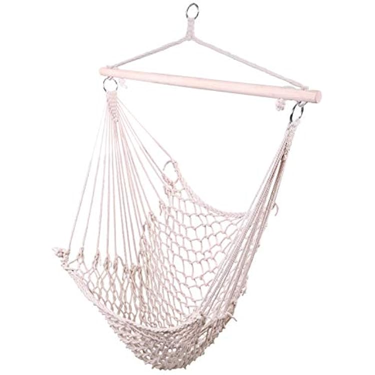 Hammock Chair Hanging Rope Swing, Caribbean Hanging Rope Weaving Chair with Hardwood Spreader Bar and Soft-Spun Cotton Rope for IndoorOutdoor Backyard & Living Room, Max 300 LBS, Beige