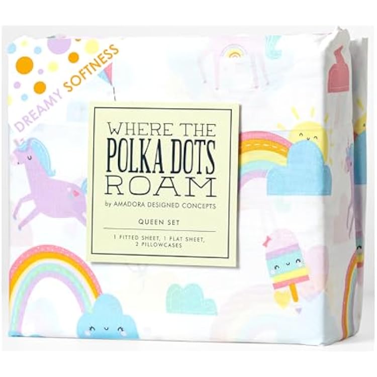 Where The Polka Dots Roam Rainbow and Unicorn 4 Pieces Full Bed Sheet Set |Super Soft Premium Bedding for Kids Room Decor, Bedding Set for Girls, 1 Fitted Sheet, 1 Flat Sheet and 2 Pillowcases