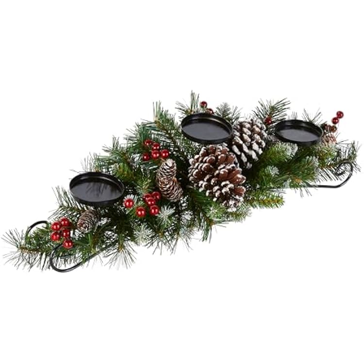 National Tree Company 30 in Unlit Frosted Berry Artificial Christmas Centerpiece, Christmas Decoration For 3 Pillar Style Candles, with Red Berries, Pinecones, 58 Tips, Green