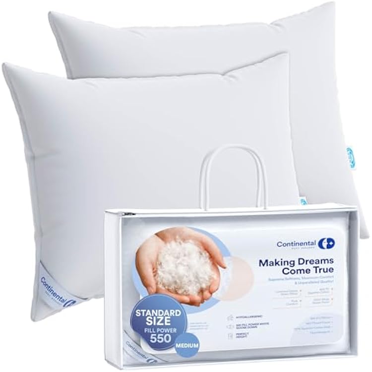 Continental Bedding Medium Standard Pack of 2 100% White Down Pillows 20oz 550FP Hotel Down Pillows for Supporting Back Side and Stomach Sleepers