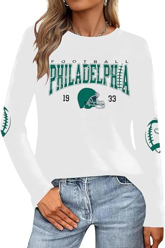 Football Season Long Sleeve Shirts For Women Game Day Team Fans Top Football Helmet Tee Crewneck Pullover Tops