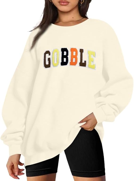 VILOVE Thanksgiving Sweatshirt Womens Chenille Gobble Shirt Colorful Letter Print Pullover Long Sleeve Crewneck Fall Tops