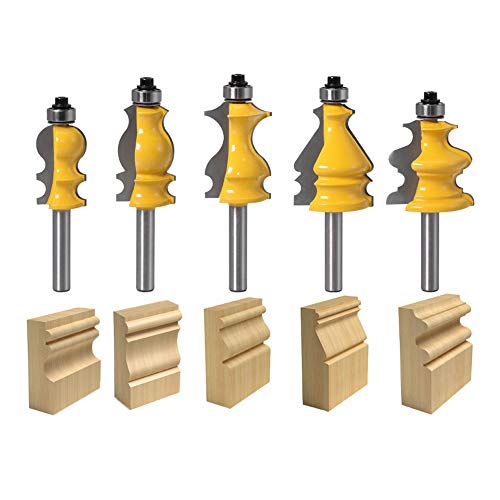 TAIWAIN Router Bit Set 14 Inch Shank 5PCS Architectural Picture Frame Molding Bits, Wood Milling Cutter Router, Woodworking Miter Carbide Cabinet Shelf Panel CNC Cutting Tool for Door, TableHG1-G