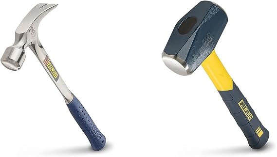 Estwing E322S 22 oz Straight Claw Hammer with Smooth Face & Shock Reduction Grip, Silver & Sure Strike Drilling/Crack Hammer - 3-Pound Sledge with Fiberglass Handle