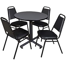 Regency Kobe 30 in. Round X-Base Breakroom Table- Grey, 4 Restaurant Stack Chairs- Black
