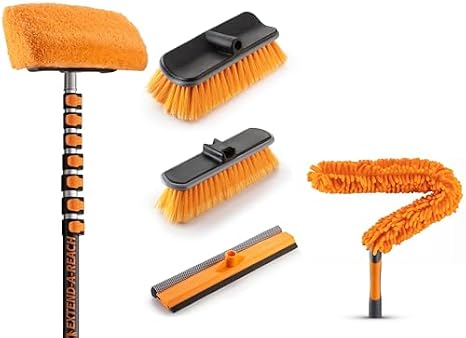 36 Foot Exterior House Cleaning Brush Set & Flexible Ceiling Fan Cleaner Duster with 7-30 ft Extension Pole // Vinyl Siding Brushes with Telescopic Extendable Pole & Window Cleaning Squeegee Tool