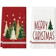 Artoid Mode Red Xmas Tree Merry Christmas Kitchen Towels Dish Towels, 18x26 Inch Farmhouse Star Snowflakes Decoration Cleaning Set of 2