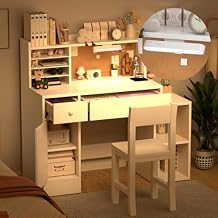 Wooden Pure White Kids Study Desk and Chair Set with Light, 2 Drawers and 4 Storage Cabinets, Children Desk with Hutch and Shelves, Girls Study Desk for Kids Bedroom-004A