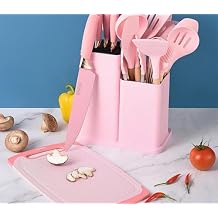 19 Piece Kitchenware Utensils and Knife Set- includes: 9 Piece Silicone Cooking Utensils- 6 Piece Sharp Stainless Steel Chef Knives- Scissors -Whisk Tongs and Cutting Board