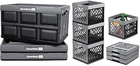 CleverMade Collapsible Storage Bin (100% Recycled) - 62L - Stone (3PK) and Collapsible Milk Crate (Recycled) - 25L - Stone (3PK) Bundle