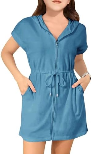 Girls Swim Terry Cloth Cover Ups Kids Swimsuit Coverup Zip-Up Beach Bathing Suit Wraps with Pockets 5-14 Years