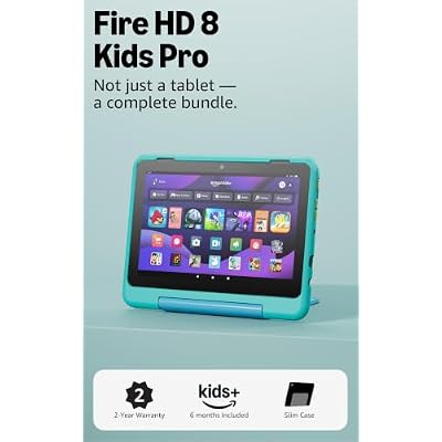 Amazon Fire HD 8 Kids Pro tablet, ages 6-12. Bright 8" HD screen, includes ad-free content, parental controls, 13-hr battery, slim case for older kids, 64GB, Hello Teal, (2024 release)