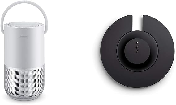 Bose Portable Smart Speaker Wireless Bluetooth Speaker with Alexa Voice Control Built-in, Silver & Portable Home Speaker Charging Cradle, Black