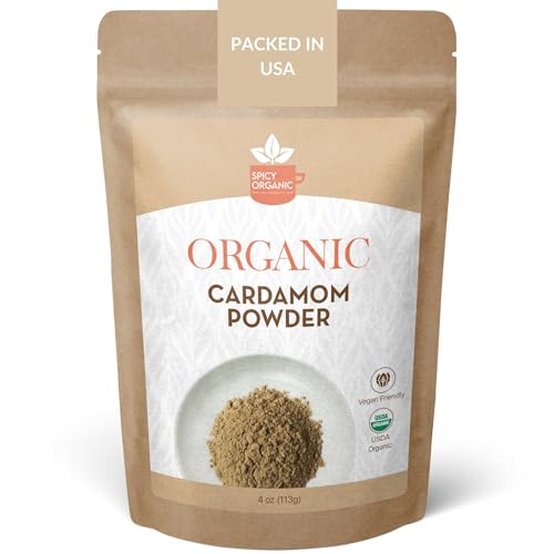 SPICY ORGANIC Ground Cardamom, 4 oz. Fresh Cardamom Powder - Also Known as Elaichi, Cardamon - USDA Certified Organic, Gluten-Free, Non-GMO - Enhances Taste in Baking, Coffee, Tea, and Curries