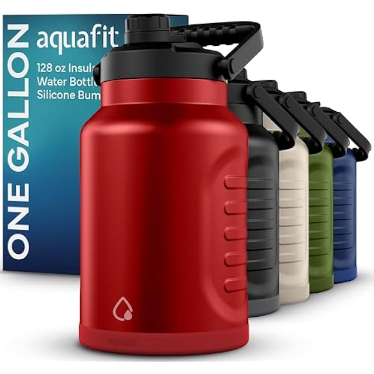 AQUAFIT 1 Gallon Insulated Water Bottle Cold for 48 Hrs - BPA Free & Leak Proof - 128oz Stainless Steel Jug - Big Water Bottle with Handle for Gym, Hiking, Camping & Travel Hydrant Red