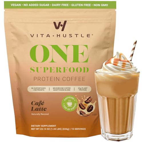 VitaHustle ONE Protein Coffee - Superfood Meal Replacement Powder, Plant Based Protein Shake Powder, Vegan. Superfoods, Vitamins, Ashwagandha, Functional Mushroom Blend Cafe Latte 15 Servings