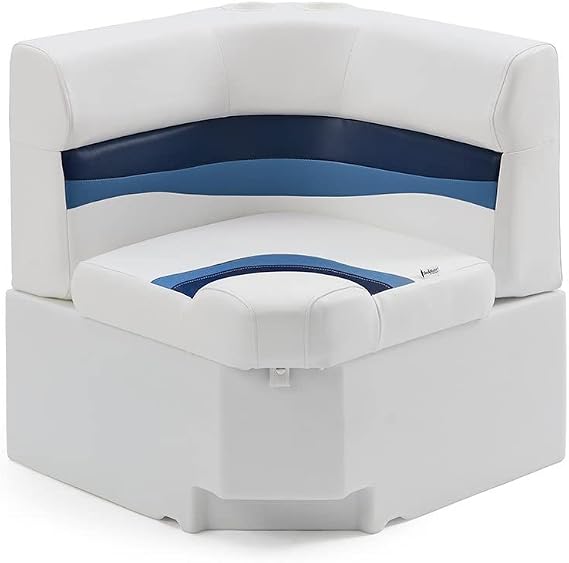 DeckMate Complete 28" Corner Classic Pontoon Boat Seat Bench and Base - White, Blue and Light Blue