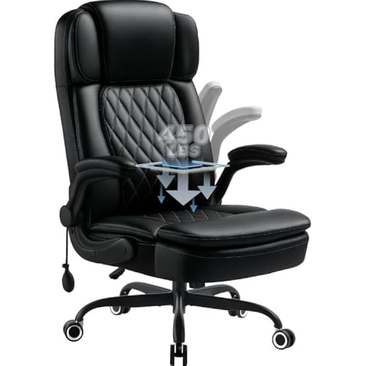 450LBS Big and Tall Executive Office Chair with Flip up Arm, Heavy Duty PU Leather Computer Desk Chair,Comfortable High Back Swivel Home Office Chair with Rolling for Adults,Spring Cushion,Metal Base