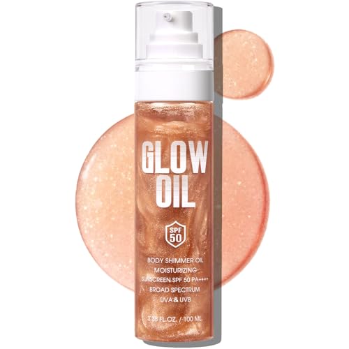 Body Glow Oil, Broad Spectrum SPF 50, Glitter Shimmer Sunscreen Body Oil Lotion with Sequin Mica, Lightweight Non-Sticky Moisturizer with Coconut, Skin Illuminator Glowing Results 02# Rose Gold