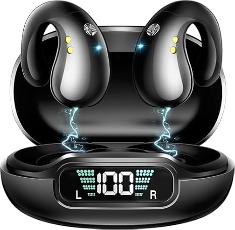 Wireless Bluetooth Open Ear Bone Conduction Headphones, 60 Hrs Battery, LED Display, Ear Hooks Ear Buds,Waterproof,Clip On Earbuds Charging Case Sports Earphones for Running, Walking, Workout,Office