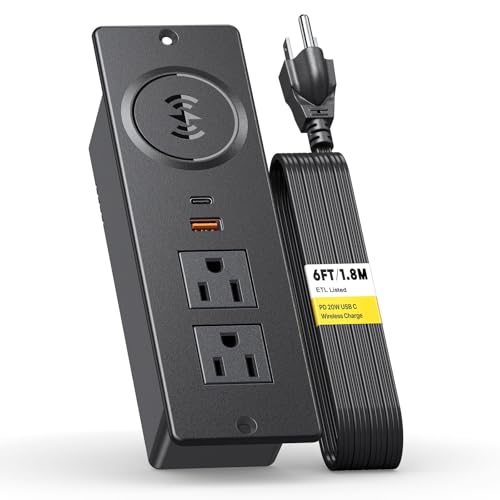 Kungfuking Recessed Power Strip with 20W USB C, ETL Listed Flush Mount Desk Outlet 10W Wireless Charging Station with 2 Outlets & 2 USB Ports, Furniture Outlet for NightstandEnd TableSide Table