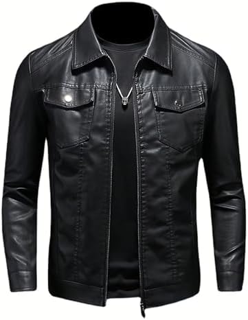 INVACHI Leather Jacket Men Lightweight Faux Leather Motorcycle Biker Jacket Vintage Slim Fit Stand Collar Casual Jacket