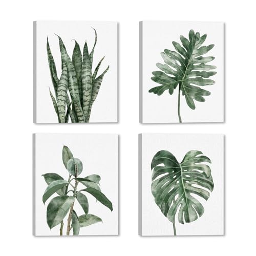 Botanical Green Plant Wall Art, Set Of 4 Bathroom Wall Decor, Tropical Monstera Leaves Framed Canvas Prints For Bedroom Livingroom Restroom Decoration Pictures 10x12