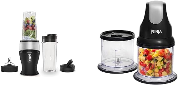Ninja 700W Slim Blender & Smoothie Maker, 2x 470ml Cups with Spout Lids, Personal Blender, Crush Ice & Frozen Fruit, Silver/Black QB3001UKS & Professional Chopper [NJ1002UKBK] Stackable, 200W, Black