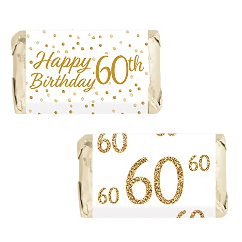 DISTINCTIVS White and Gold 60th Birthday Mini Candy Bar Wrappers - 42 Stickers