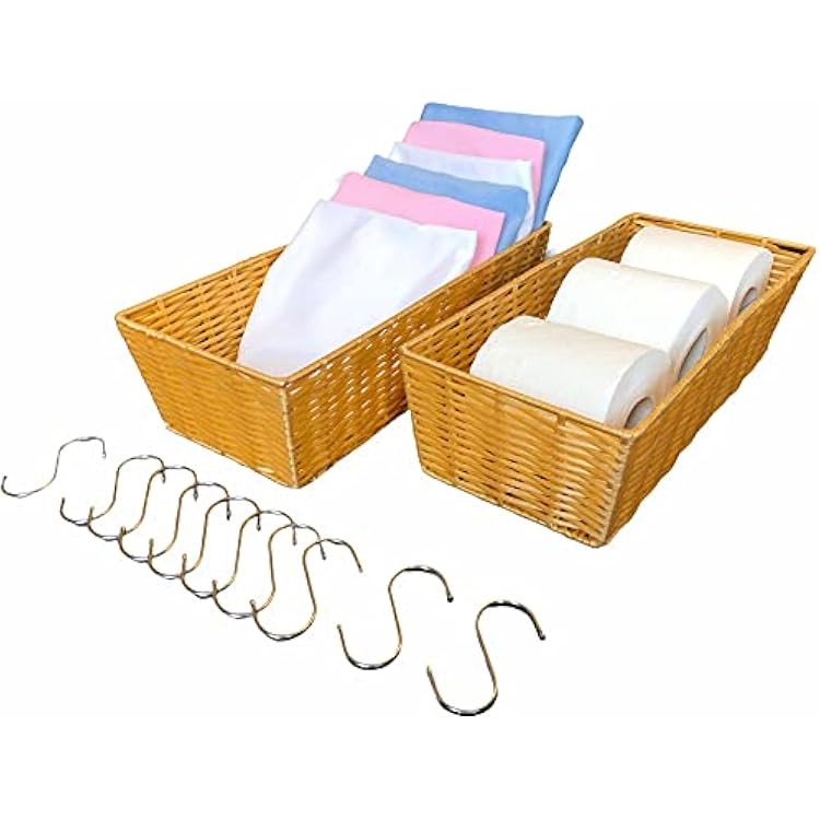 2 Toilet Basket Tank Topper with 6 Linen & 10 s Hooks Package, for Over The Toilet Storage