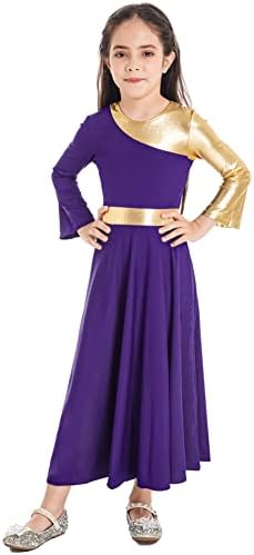 CHICTRY Girls Metallic Praise Dance Dress Long Sleeve Liturgical Worship Costume Church Robe Lyrical Dancewear