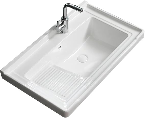 Large Bathroom Laundry Sink Rectangle Ceramic Balcony Vessel Sink Semi-recessed Laundry Tub with Washboard and Faucet (White 72x48cm)